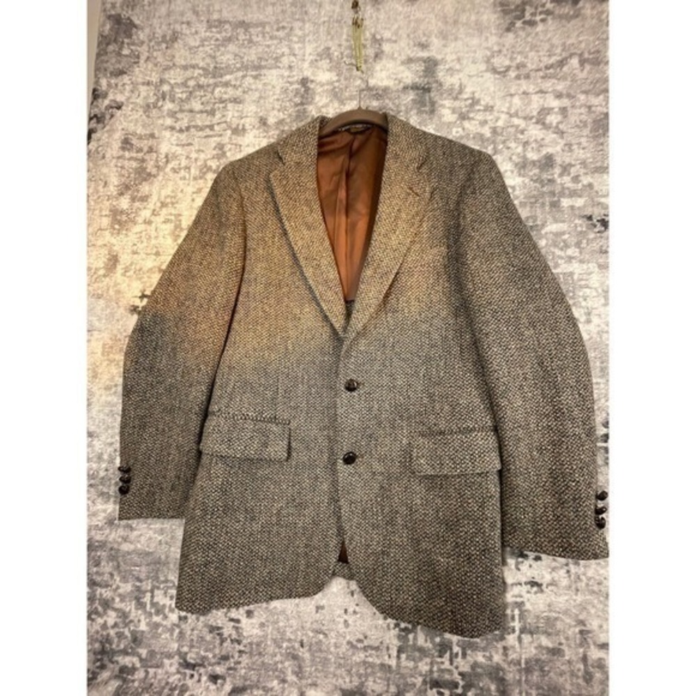 Vtg John Brooks Harris‎ Tweed Blazer Mens Est 42 Brown Basketweave Sport Coat